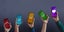 Mobile phones being held up with different colour screens and symbols to show different emotions