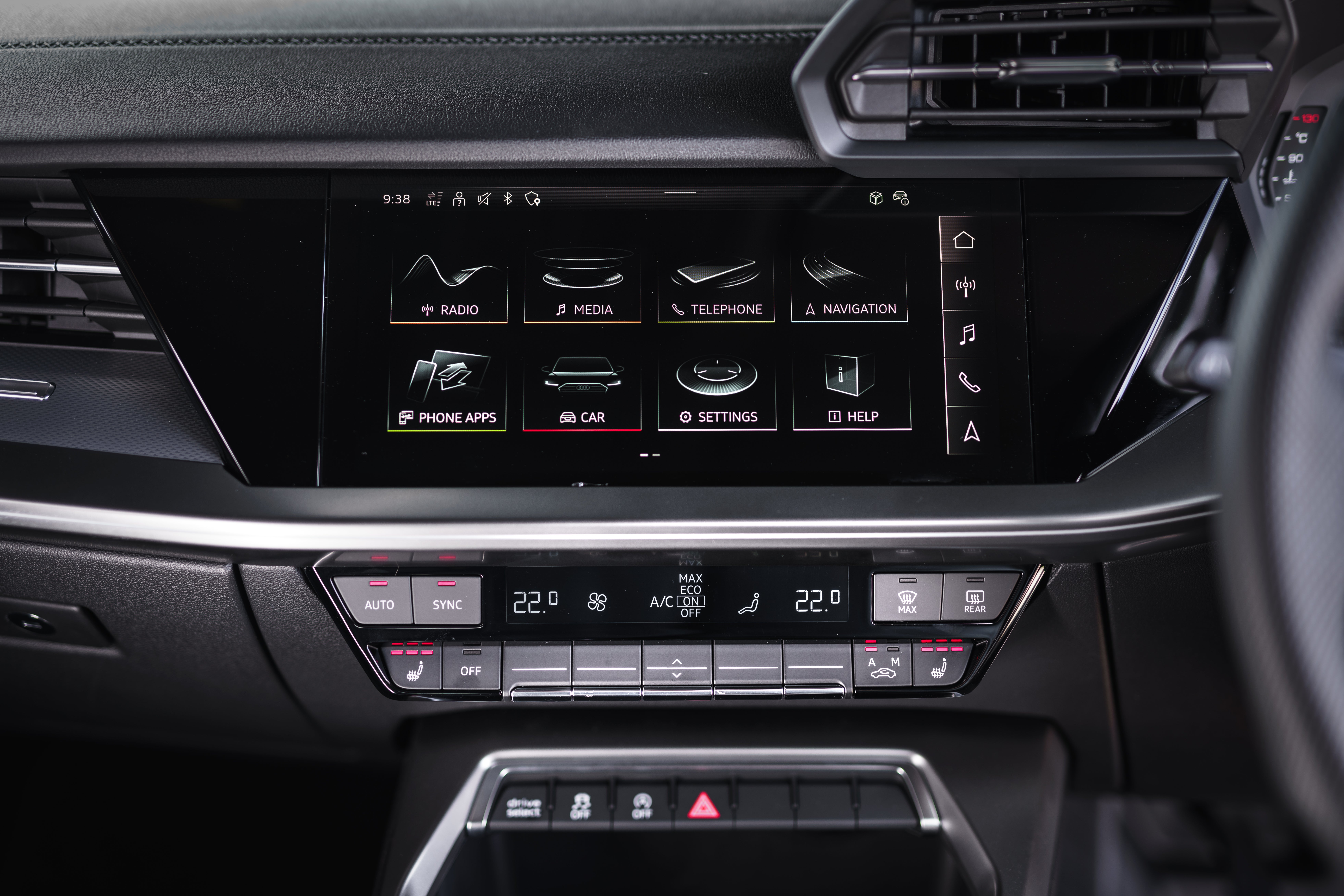 Audi A3 Review 2023: close up interior photo of the Audi A3 Sportback infotainment