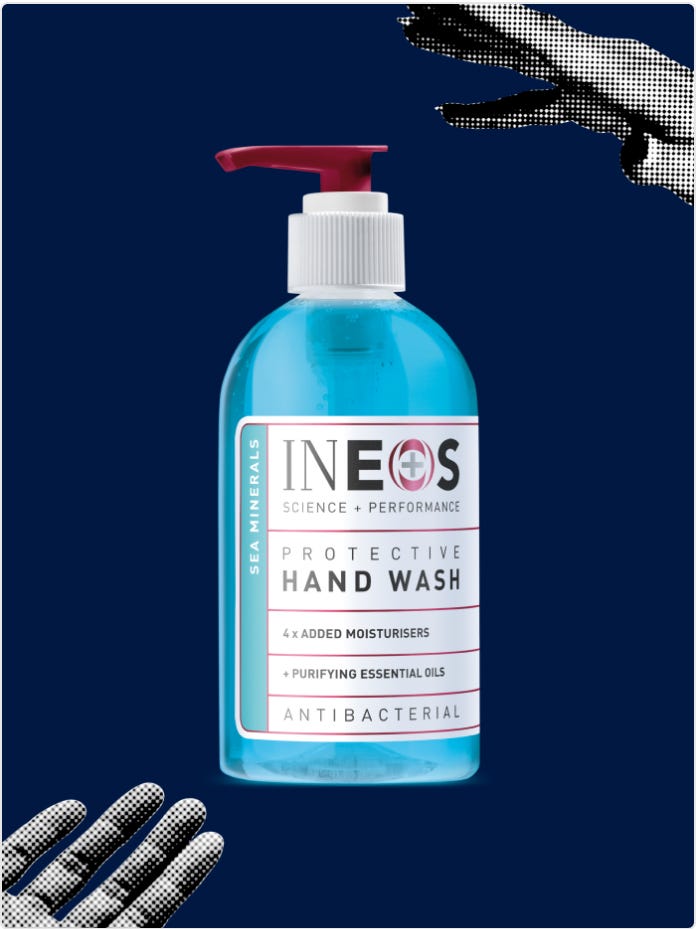 a photo of ineos hygienics sea minerals hand wash on a blue background with hands reaching for it