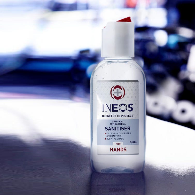 a photo of a travel-sized ineos hygienics hand sanitiser bottle