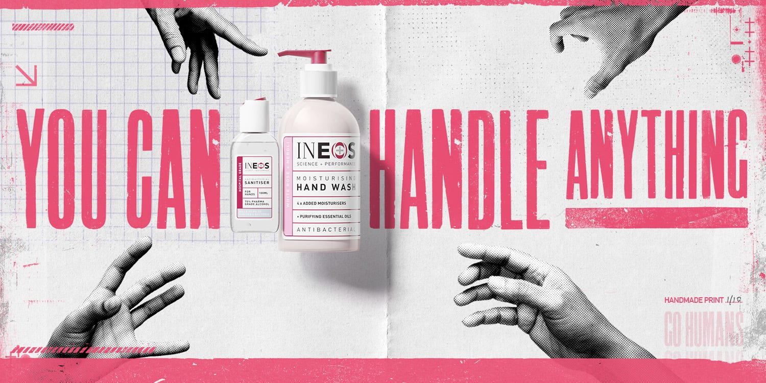 a photo of the INEOS hygienics sanitiser and hand wash on a cream background with pink accents with hands reaching for them
