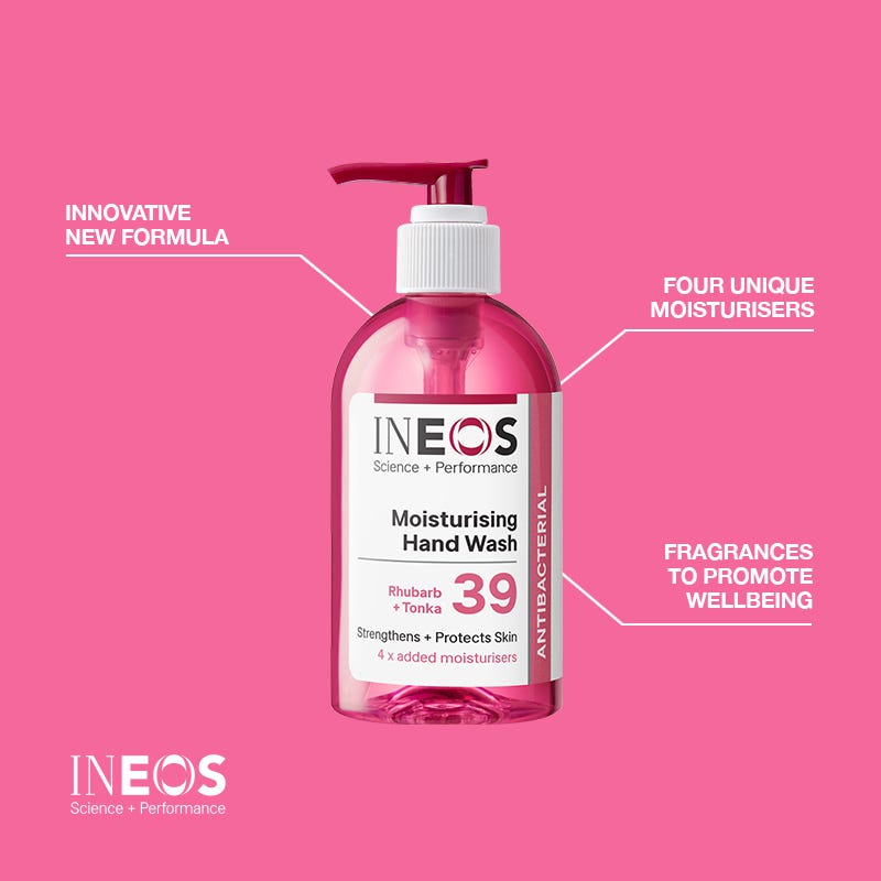 an annotated photo of the ineos hygienics rhubarb + tonka moisturising hand wash