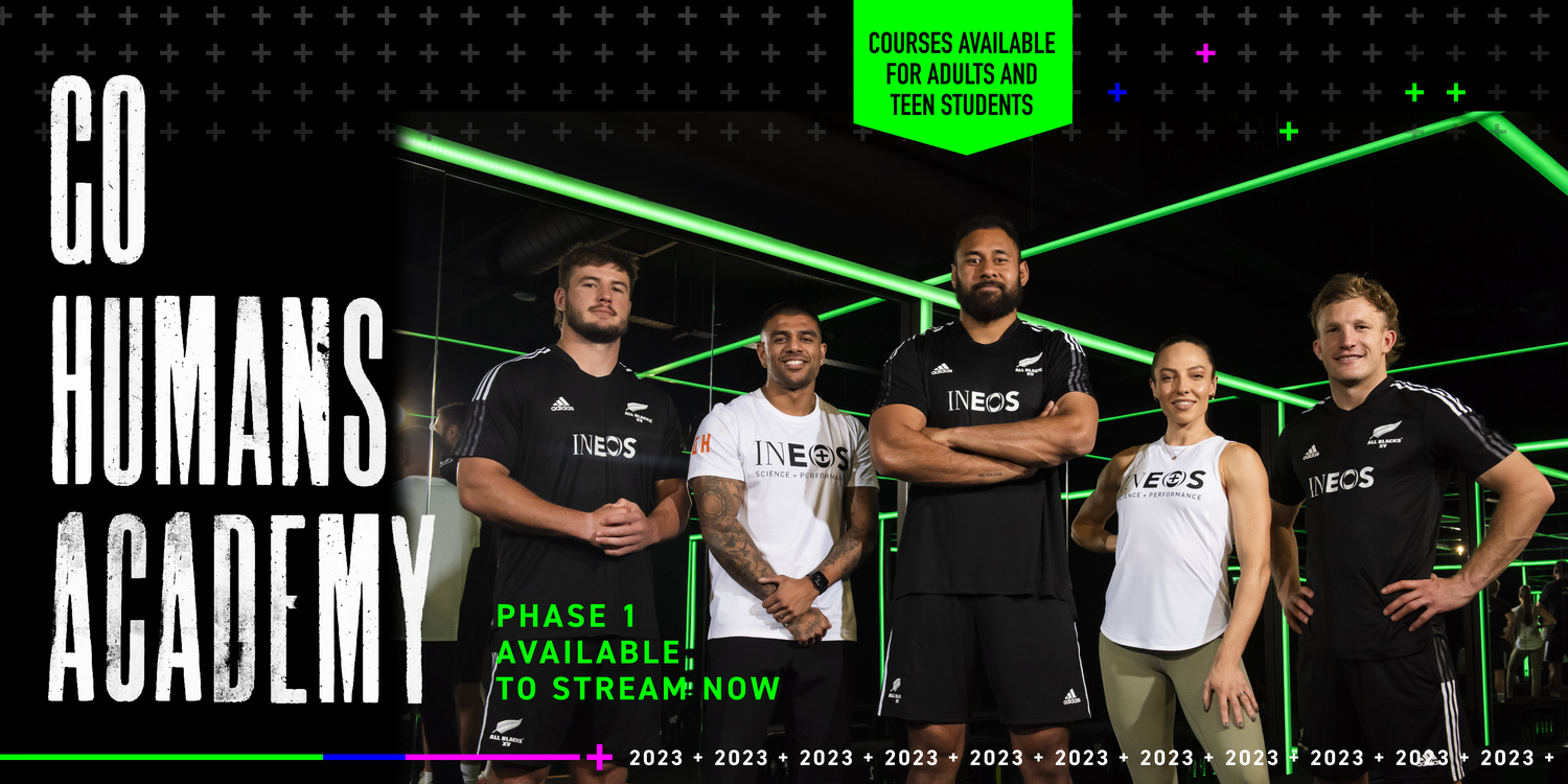 go humans academy banner with white writing and all blacks image on a dark background with neon green accents