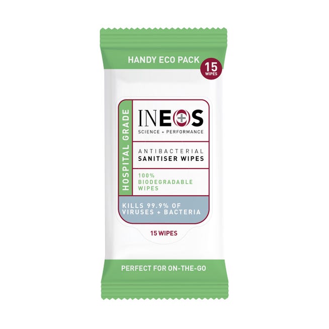 a photo of ineos hygienics eco sanitiser wipes on a white background