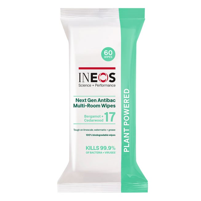 a photo of ineos hygienics bergamot + cedarwood anti-bacterial wipes