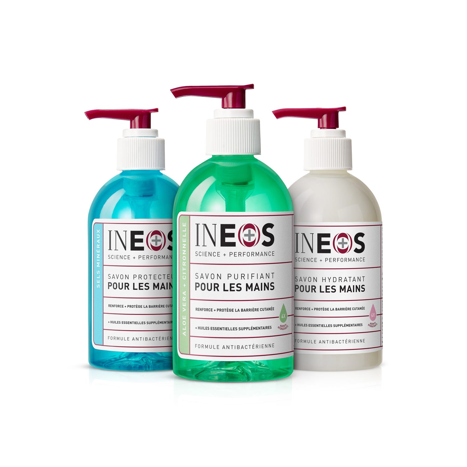 a photo of the french ineos hygienics hand wash trio on a white background
