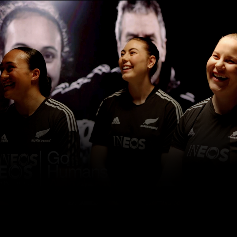 a photo of the black ferns laughing for the ineos hygienics go humans academy