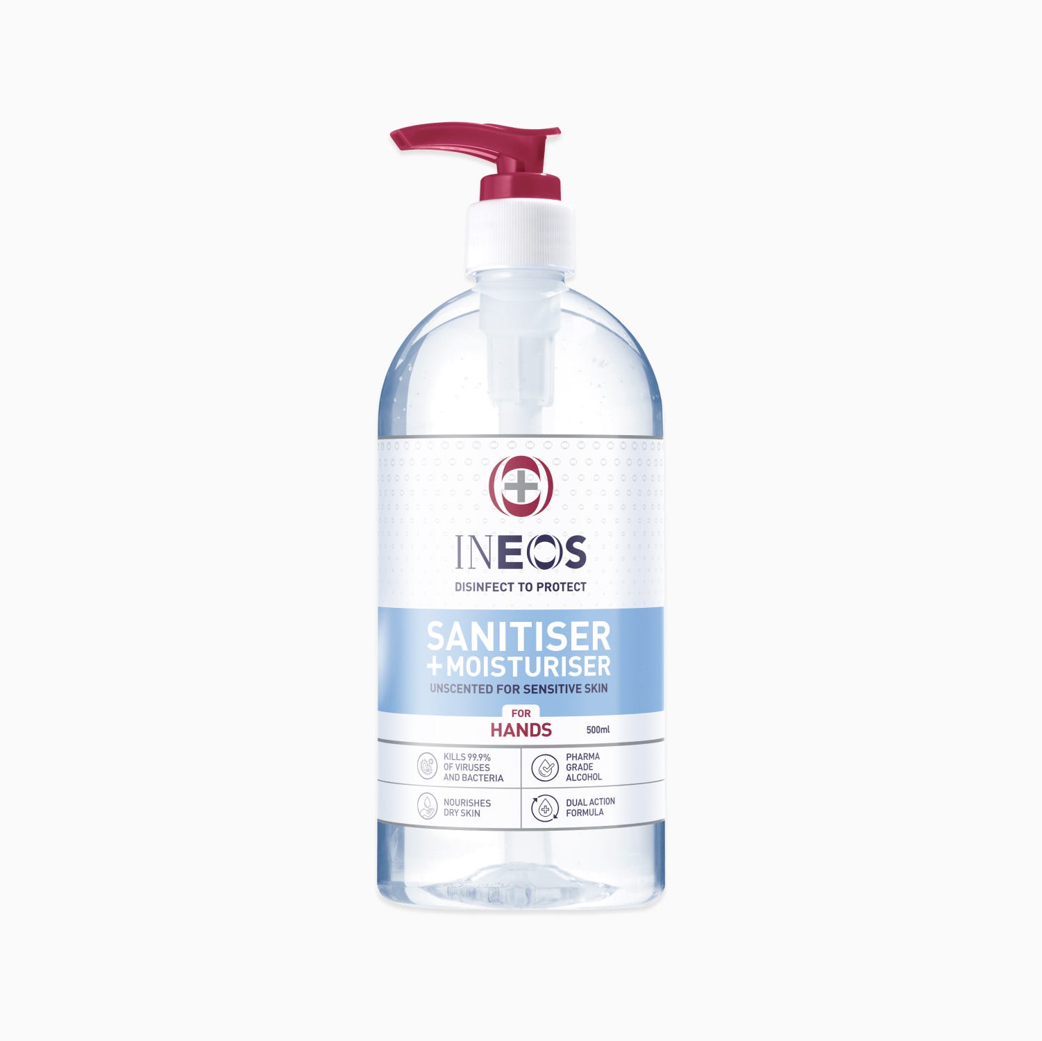 Sanitiser + Moisturiser Hand Gel Unscented For Sensitive Skin 500ml