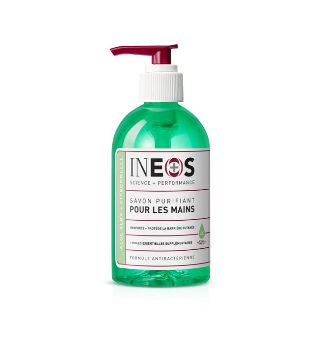 a photo of the french ineos hygienics aloe vera hand wash on a white background