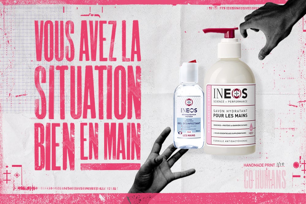 the header for the ineos hygienics french website showing two products and pink text