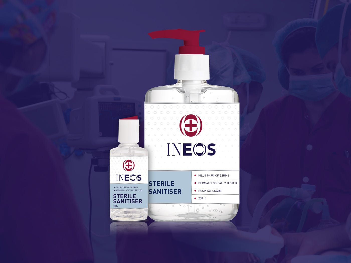 a photo of ineos hygienics sanitiser bottles on a blue background