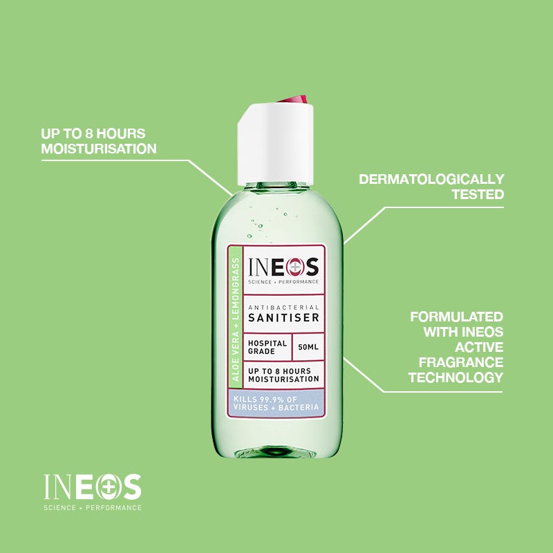 an annotated photo of the ineos hygienics aloe + lemongrass hand sanitiser