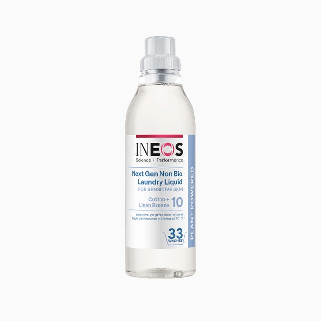 a bottle of ineos hygienics cotton and linen breeze non-bio laundry liquid