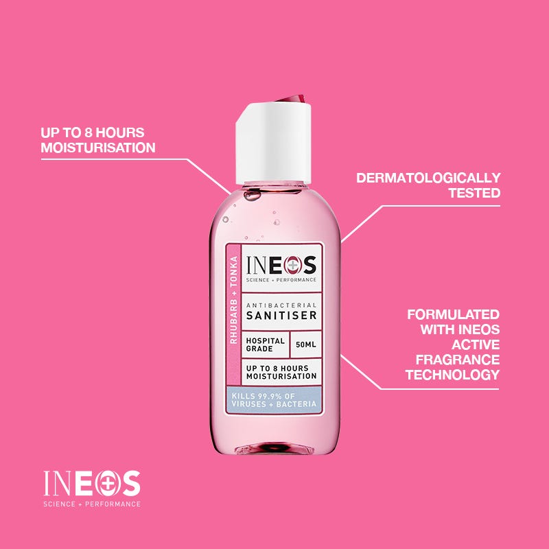 an annotated photo of the ineos hygienics rhubarb + tonka hand sanitiser