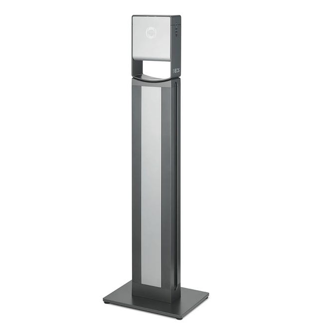a photo of an ineos hygienics hand sanitiser dispenser in grey on a floor stand
