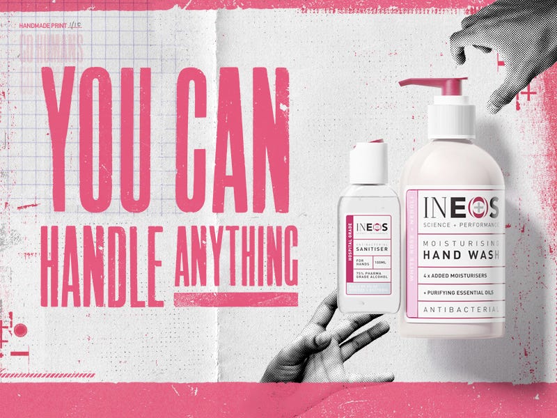 a photo of the INEOS hygienics sanitiser and hand wash on a cream background with pink accents
