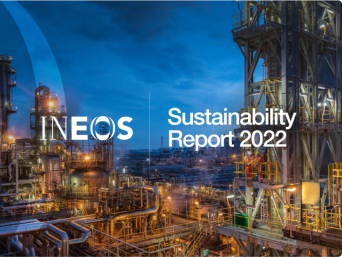 the logo for the ineos sustainability report 2022 showing a city at night
