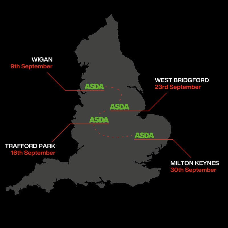 a map of the uk with areas selected for the ineos go humans academy roadshow in grey, black and red