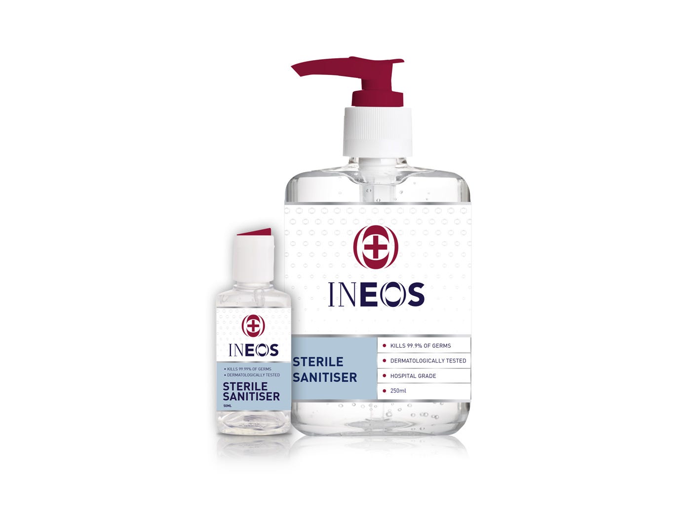 a photo of two ineos hygienics bottles of hand sanitiser on a white background