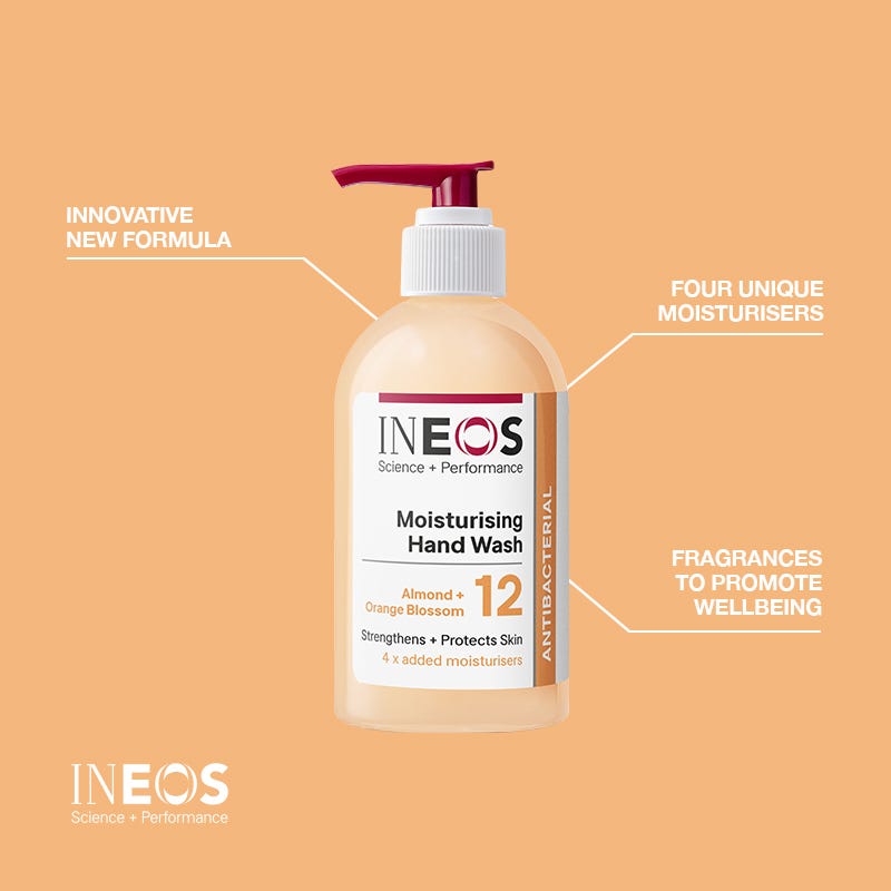 an annotated photo of the ineos hygienics almond + orange blossom moisturising hand wash