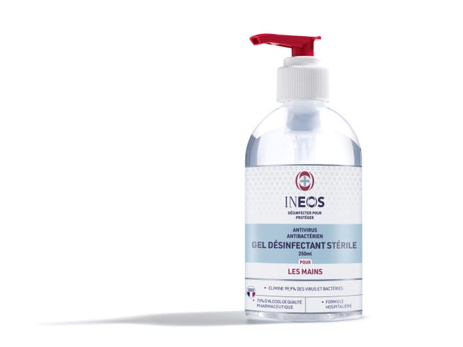 a photo of the french ineos hygienics gel sanitiser on a white background