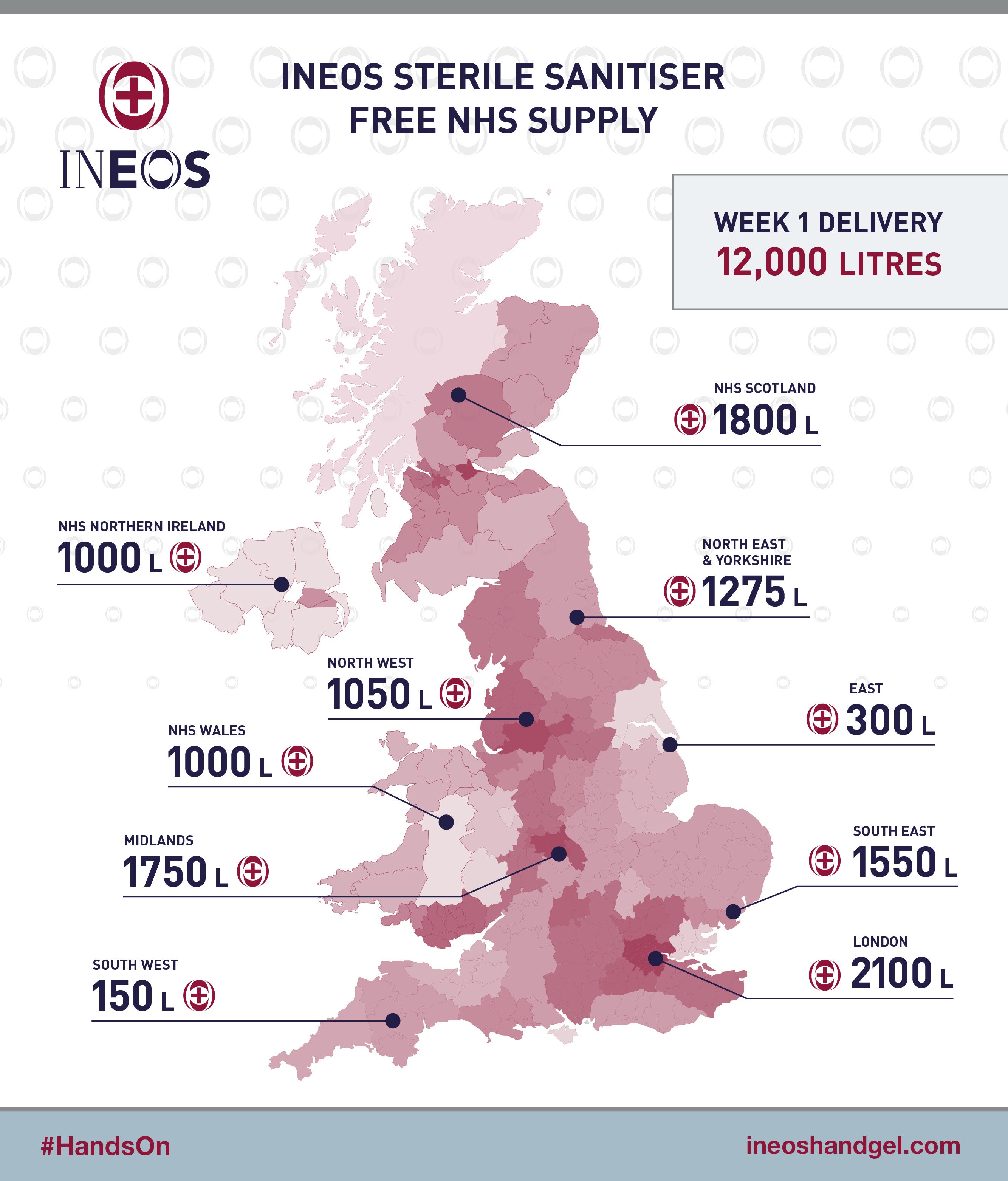 a map of the uk in maroon showing ineos hygienics supply plan for the nhs