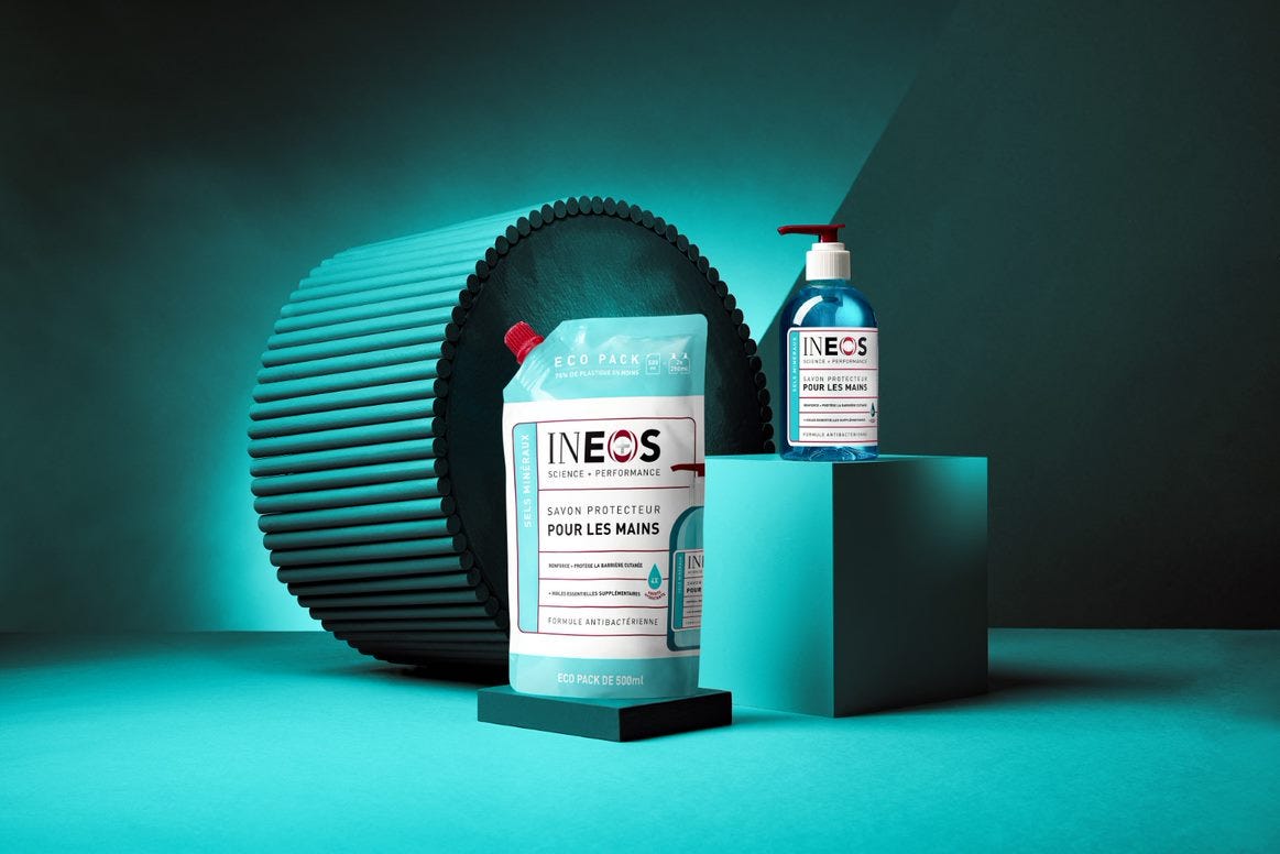 a photo of the french ineos hygienics hand wash and refill pack on a blue background