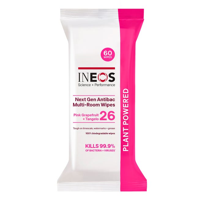 a photo of ineos hygienics pink grapefruit + tangelo anti-bacterial wipes