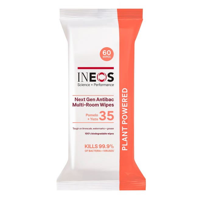 a photo of ineos hygienics pomelo + yuzu anti-bacterial wipes