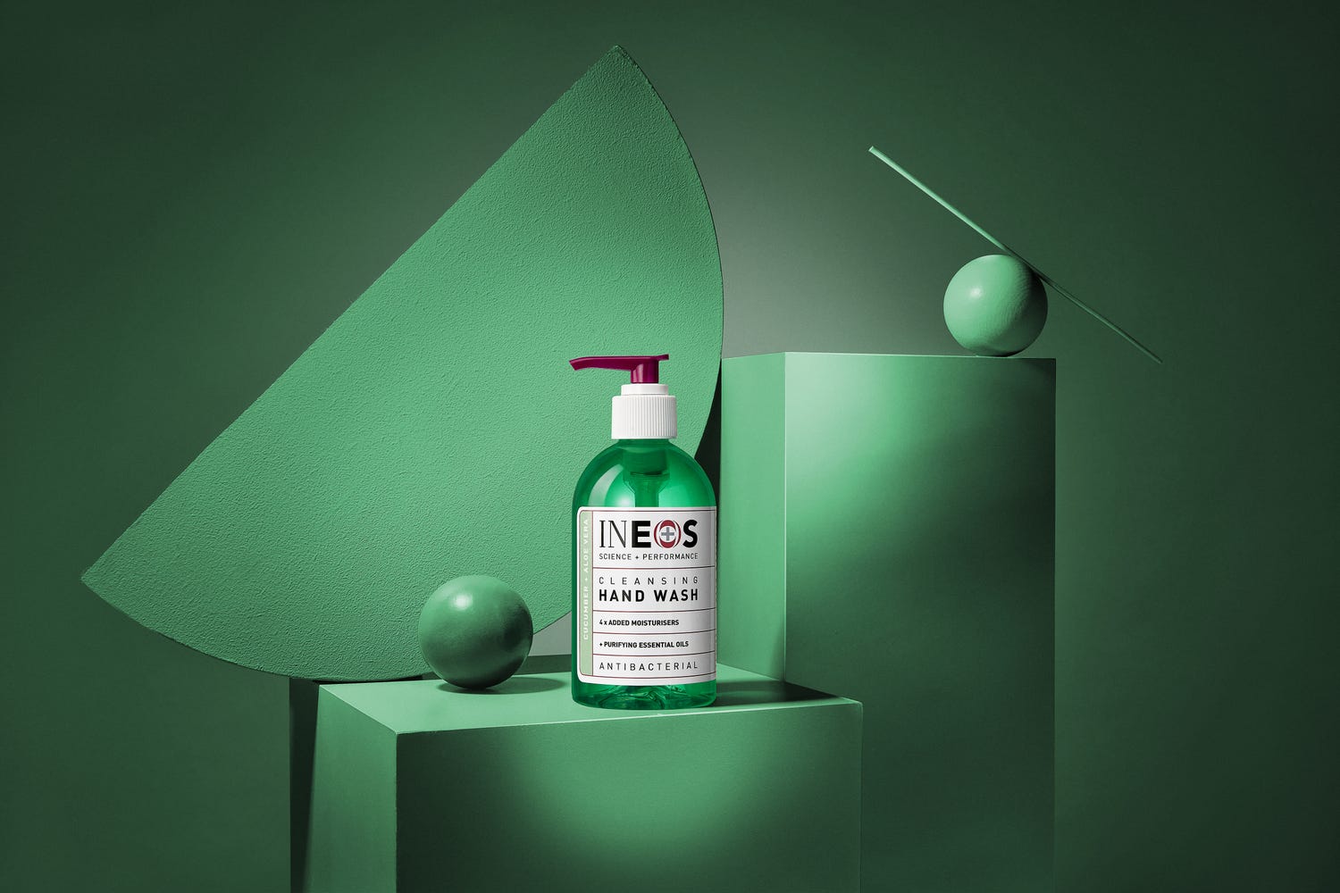 a photo of the ineos hygienics range of aloe vera hand wash on a green, abstract background