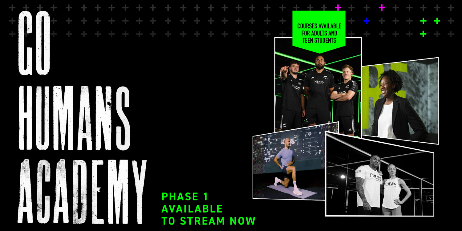 go humans academy banner with white writing and promo images on a dark background with neon green accents
