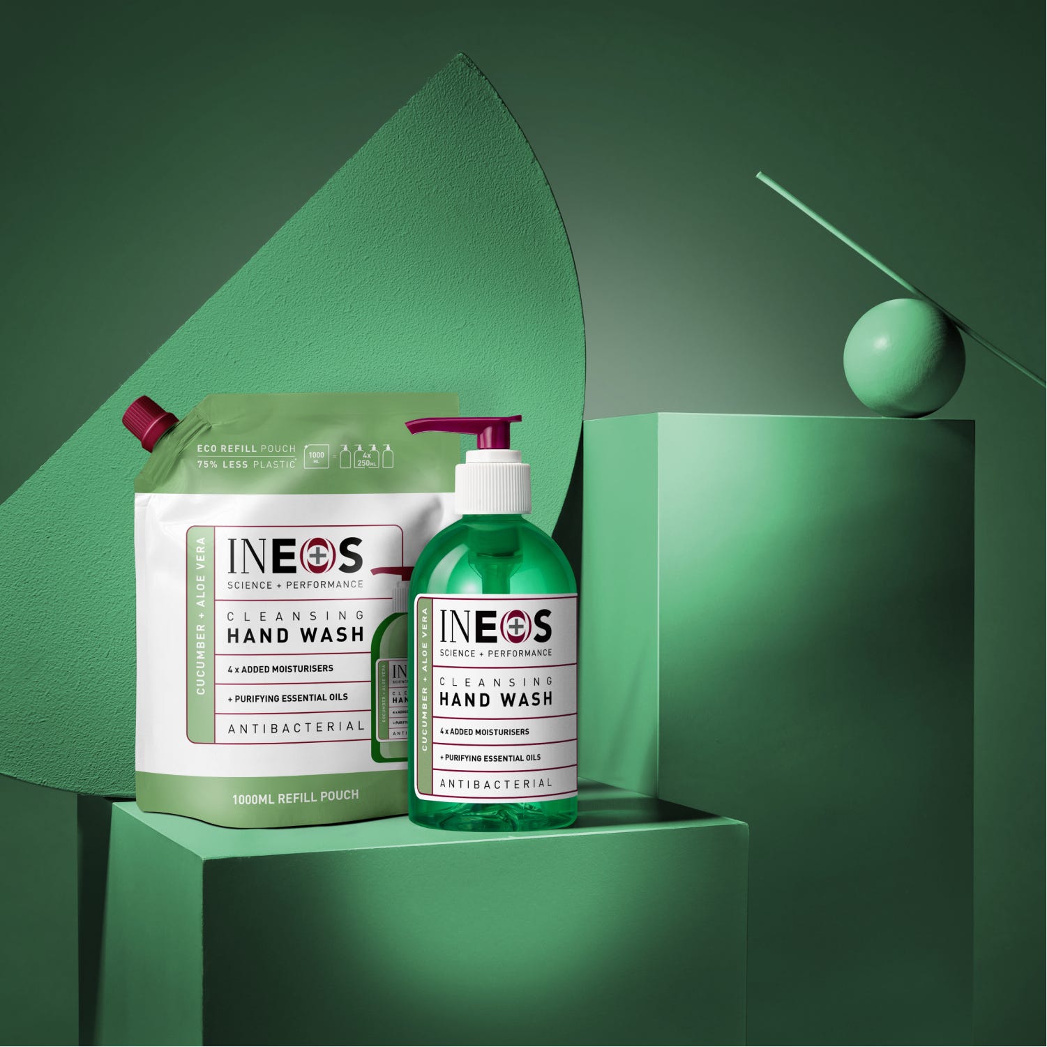 a photo of ineos hygienics cleansing aloe vera and cucumber hand wash on an abstract green background