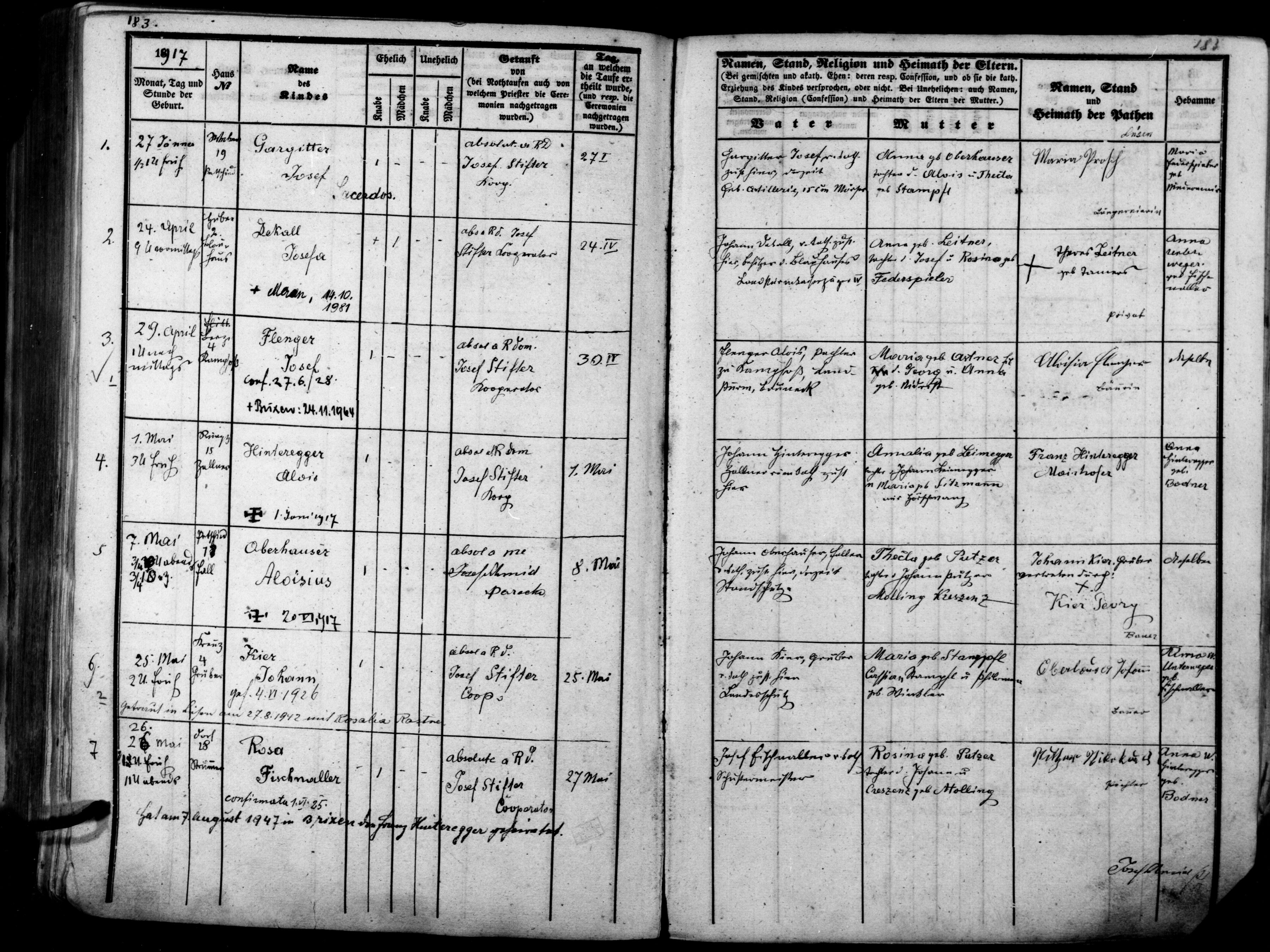 Taufbuch der Pfarrei Lüsen mit dem Geburts- und Taufeintrag von Josef (Joseph) Gargitter.