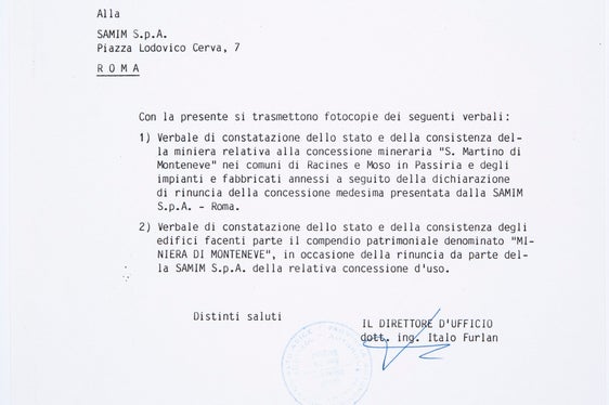 5a) Nel 1985, dopo la chiusura definitiva della miniera di Monteneve, fu eseguito un rilevamento dello stato e della consistenza degli impianti e delle contigue infrastrutture. (Ufficio innovazione industriale, n. 80)