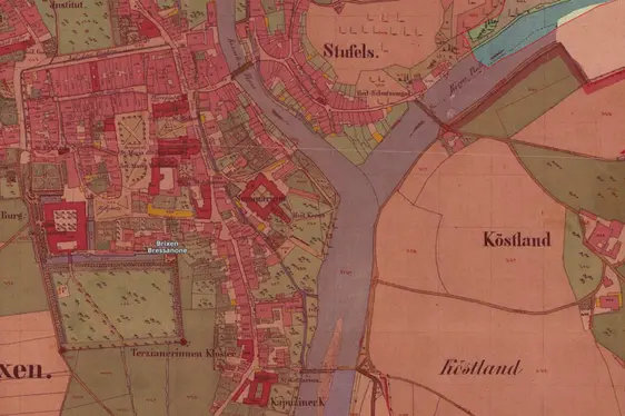 Widmannbrücke in Brixen, Historischer Kataster 1858 - vor der Verlegung des Zusammenflusses von Rienz und Eisack