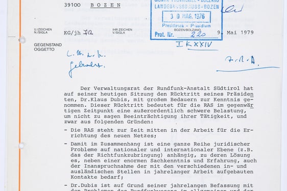 Schreiben von Vertretern der Rundfunkanstalt Südtirol (RAS) an Landeshauptmann Magnago zur Sendeabdeckung in Südtirol, 1979 (Präsidium, Nr. 1120).