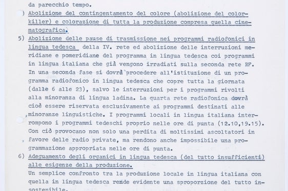 Lettera del coordinatore responsabile dei programmi in lingua tedesca per l'Alto Adige, Franz von Walther, al governatore provinciale Magnago sulle questioni aperte relative alla RAI Emittente di Bolzano, 1981 (Presidenza, n. 1124).