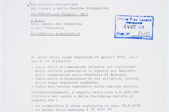 Lettera della Commissione provinciale per le cooperative circa l’iscrizione della Cooperativa di consumo ferrovieri di Brennero nel registro delle cooperative, 1978 (ApBz, Ufficio proprietà colt., cooperative soppr. n. 14)