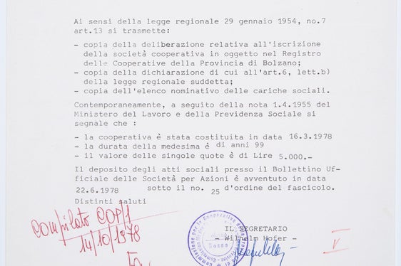 Lettera della Commissione provinciale per le cooperative circa l’iscrizione della Cooperativa di consumo ferrovieri di Brennero nel registro delle cooperative, 1978 (ApBz, Ufficio proprietà colt., cooperative soppr. n. 14)