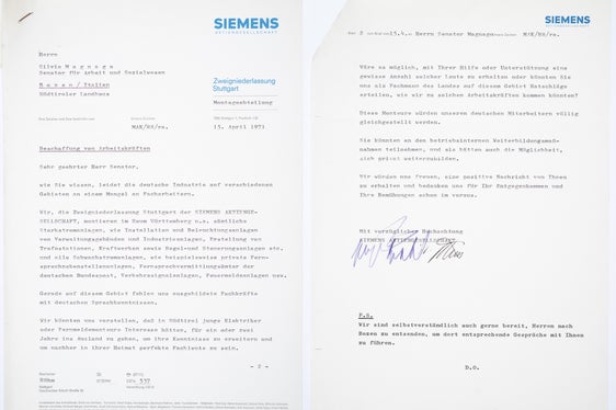 Anwerbeschreiben der „Siemens AG“ um Südtiroler Arbeitskräfte, 1971 (Nachlass Silvius Magnago, Nr. 1223).