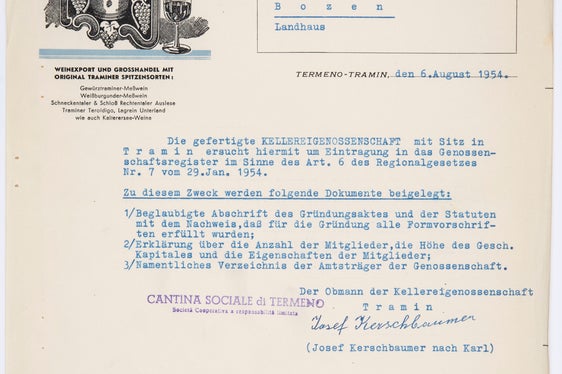 Domanda d’iscrizione nel registro delle cooperative della Cantina sociale di Termeno indirizzata alla Commissione provinciale per le cooperative, 1954 (ApBz, Ufficio proprietà colt., cooperative soppr. n. 16)