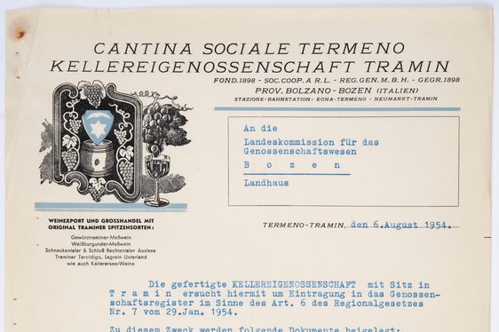 Domanda d’iscrizione nel registro delle cooperative della Cantina sociale di Termeno indirizzata alla Commissione provinciale per le cooperative, 1954 (ApBz, Ufficio proprietà colt., cooperative soppr. n. 16)