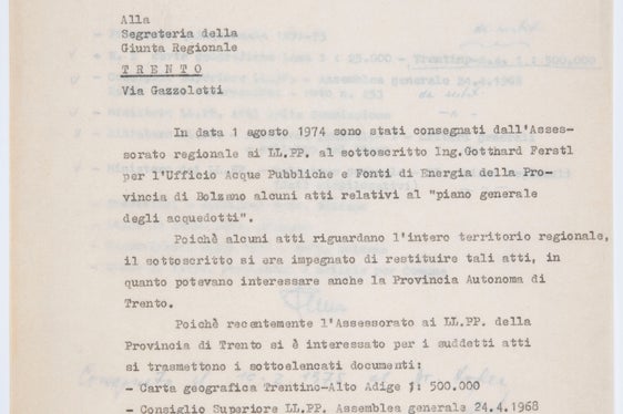 Schreiben von Ing. Gotthard Ferstl zur Übergabe von Unterlagen zur Gewässernutzung an das Amt für öffentliche Gewässer der Provinz Bozen, 11. März 1975. SLA, Amt für Gewässernutzung, Nr. 226.