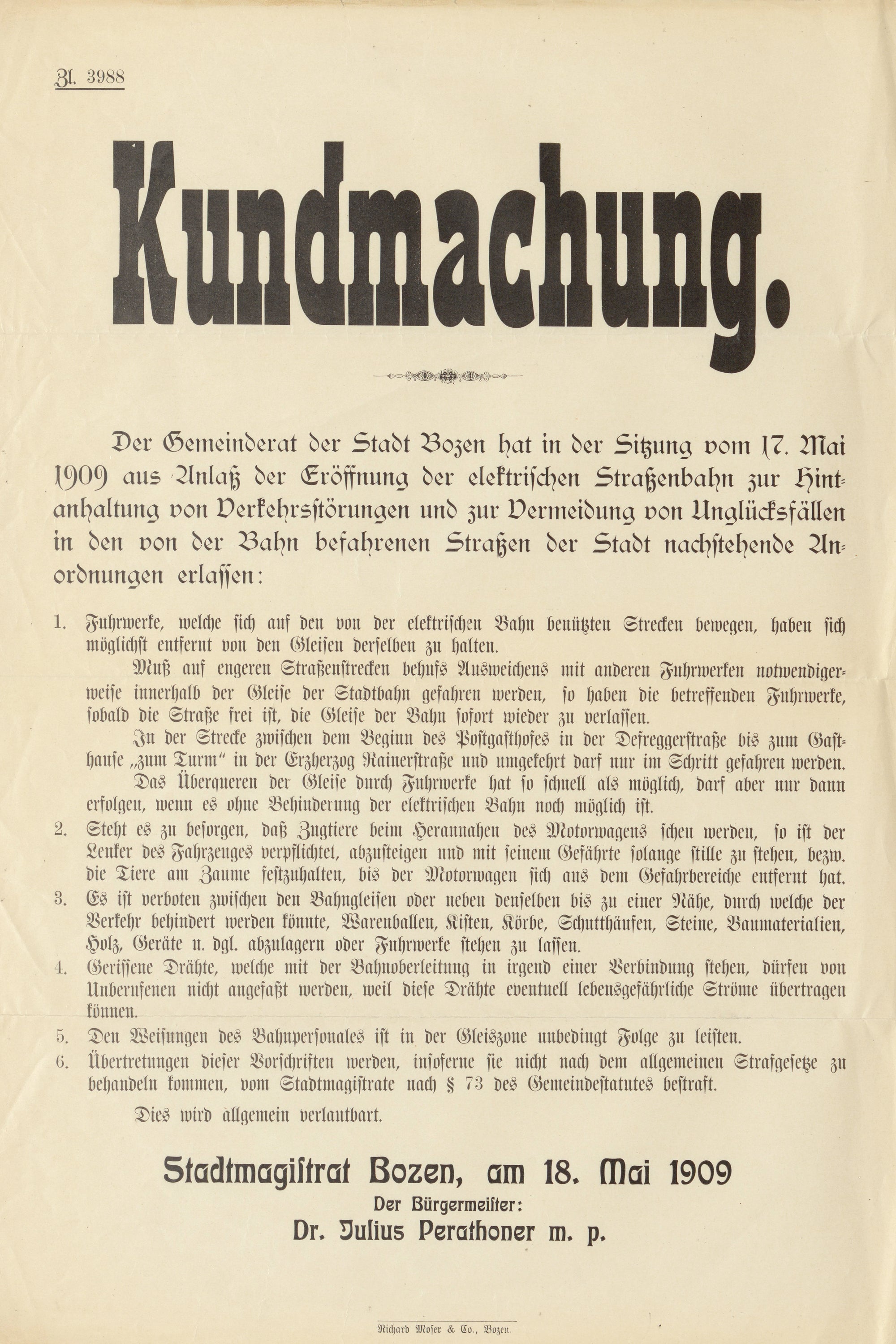 Annuncio in occasione dell'inaugurazione della tramvia elettrica, Archivio Provinciale di Bolzano, Archivio dell'Azienda Elettrica Consorziale, Pos. XX.13