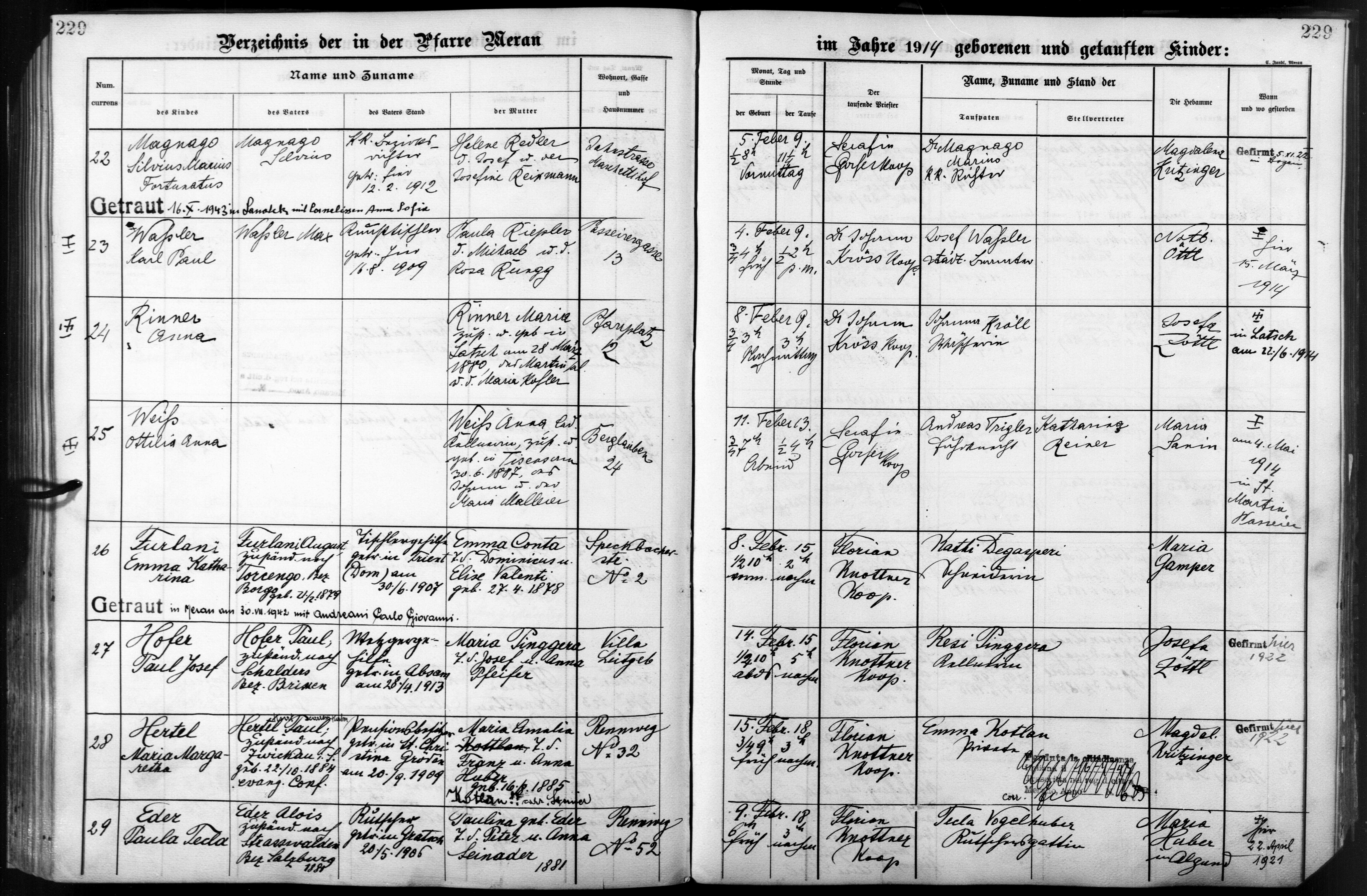 Registro dei battesimi della parrocchia S. Nicoló di Merano con la registrazione della nascita e del battesimo di Silvius Magnago.