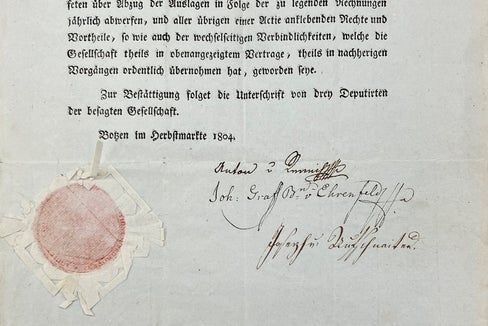 Einer der Aktionäre war Bernhard Dominikus Streiter (1755-1809), Schwager Johann Anton von Kager, des damals regierenden Bürgermeisters von Bozen und Vater des späteren Bozner Bürgermeisters Josef Streiter.
Südtiroler Landesarchiv, Nachlass Streiter, Bernhard Dominikus Streiter, Privates, Karton 2, 6.