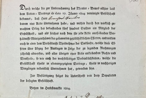 Einer der Aktionäre war Bernhard Dominikus Streiter (1755-1809), Schwager Johann Anton von Kager, des damals regierenden Bürgermeisters von Bozen und Vater des späteren Bozner Bürgermeisters Josef Streiter.
Südtiroler Landesarchiv, Nachlass Streiter, Bernhard Dominikus Streiter, Privates, Karton 2, 6.