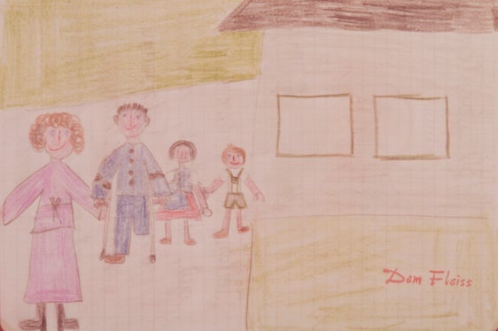 Kinderzeichnung von der Einweihung des Kindergartens von Haslach (in der Bildmitte LH Magnago), 1980. SLA, Sammlung Silvius Magnago, Bildarchiv, Nr. 155.