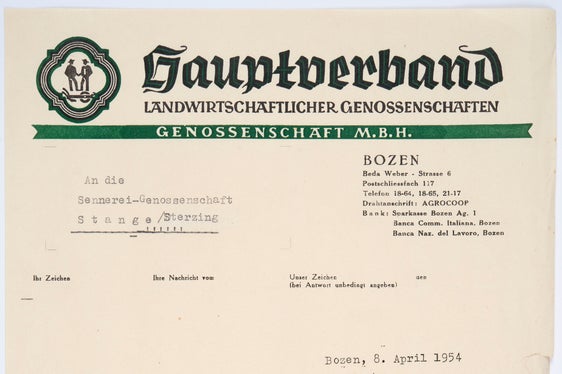 Schreiben des Hauptverbands landwirtschaftlicher Genossenschaften an die Sennerei-Genossenschaft Stange unter Beilegung des neuen Regionalgesetzes vom 29. Jänner 1954 (SLA, Nachlass Karl Gitzl, Nr. 67)