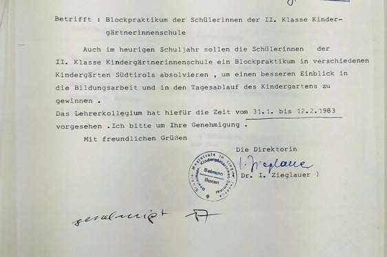 Lettera inerente tirocini destinati alle studentesse della scuola magistrale, 1983. ApBz, Intendenza scolastica tedesca, n. 1055.